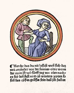 Eine Frau blutet. Xylographie aus „Buch de Surgery“ von Hyeronimus Braunschweig. Straßburg 1497