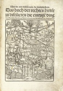 Titelseite, die Kräuterdestillerien mit Figuren in einer Landschaft darstellt von Hieronymus Brunschwig