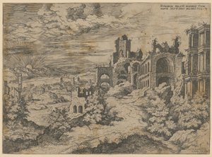 Palatinruinen mit Landschaftspanorama, Blatt 3 der Folge "Praecipua aliquot Romanae Antiquitatis Ruinarum Monimenta [...]" von Hieronymus Cock