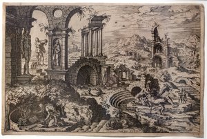 Ruinenlandschaft mit dem reuigen heiligen Hieronymus von Hieronymus Cock