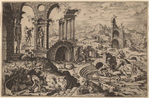 Heiliger Hieronymus in einer Landschaft mit Ruinen von Hieronymus Cock after Maerten van Heemskerck