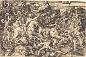 Kampf zwischen Reitern und Fußsoldaten von Hieronymus Hopfer after Raphael