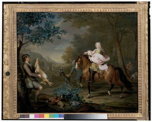 Ein Herr zu Pferd mit Jägern in einer weiten Landschaft