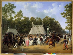 König Ludwig XVIII. (1755-1824) empfängt Marie Caroline Fernande Louise von Neapel, zukünftige Herzogin von Berry, im Wald von Fontainebleau, am Kreuz von Saint-Herem