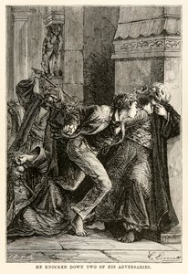 Er schlug zwei seiner Gegner nieder, aus In 80 Tagen um die Welt von Jules Verne, graviert von Louis Dumont, 1873 von Hippolyte Leon Benett