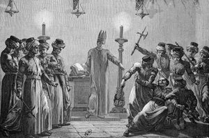Ritueller Mord begangen von den Daniten, laut den Anschuldigungen der Mormonengegner, gezeichnet von David und graviert von A. Gusmand