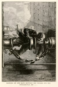 Mit einer Hand zwischen dem Tender und dem Gepäckwagen hängend, aus In 80 Tagen um die Welt von Jules Verne (1828-1905) graviert von Louis, 1873