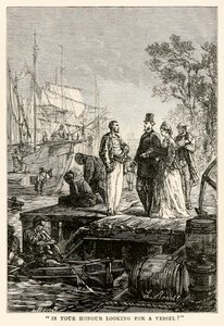Sucht Eure Ehre ein Schiff?, aus In 80 Tagen um die Welt von Jules Verne (1828-1905), graviert von Louis Prevost, 1873 von Hippolyte Leon after Benett
