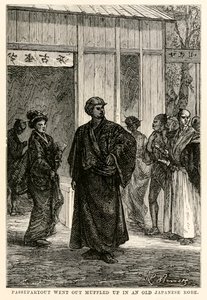 Passepartout ging in einem alten japanischen Gewand eingehüllt hinaus, aus In 80 Tagen um die Welt von Jules Verne (1828-1905), graviert von Louis Prevost, 1873
