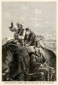 Passepartouts unruhige Fahrt auf dem Rücken des Elefanten, aus In 80 Tagen um die Welt von Jules Verne, graviert von Adolphe François Pannemaker, 1873