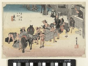 Der Wechsel von Trägern und Pferden in Fujieda von Hiroshige (I) , Utagawa