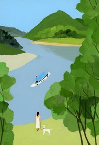 Eine Frau, die auf das Schiff schaut von Hiroyuki Izutsu