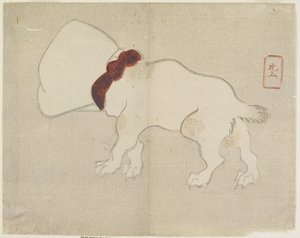 Hund mit Tasche über dem Kopf, ca. 1830