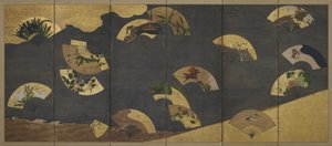 Fächer und Wolken über Felsen und Wasser, Edo-Periode