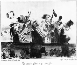 Ein lustiger Zug, ein wenig zu fröhlich: aus „Les trains de Plaisir“, Serie von Karikaturen über die Eisenbahnen von Honore Daumier (1808-1879). „Charivari“