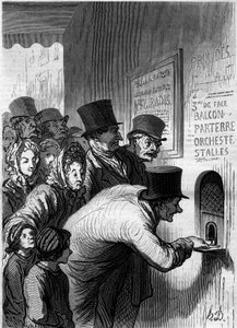Ein Theaterfenster. Karikatur von Honore Daumier (1808-1879). Gravur in „Le Monde Illustré“ Nr. 269 vom 7. Juni 1862.