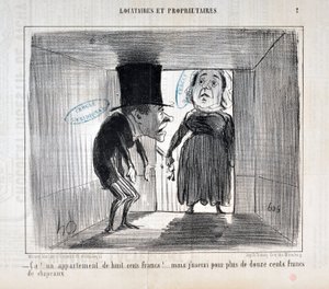 Werk von Honore Daumier (1854): Serie TENNIQUES AND OWNERS „Das!... eine Wohnung für achthundert Francs!... aber ich werde mehr als zwölfhundert Francs für Hüte ausgeben“ von Honoré Daumier