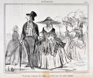 Werk von Honore Daumier (1855): Serie Actualites „Neue Damenhüte, erfunden von einem eifersüchtigen Ehemann“