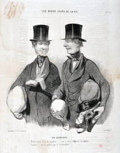 Werk von Honore Daumier (1808-1879). Charivari stammt aus dem Jahr 1845: Serie LES BEAUX DAYS DE LA VIE. Im Karneval - Lachen wir und tanzen! Ich werde enttäuscht sein, so schlau! Berühmt! Wir können dich nicht erkennen... MUSEUM DER SCHÖNEN KÜNSTE - PALAS