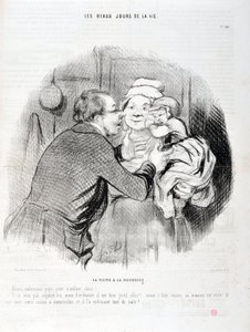 Charivari von 1848: Serie Les beaux jours de la vie. Der Besuch bei der Amme - Lass uns Papa küssen, kleines Kind Liebling - Er will heute nicht, aber normalerweise... MUSEUM OF FINE ARTS - PALACE LONGCHAMP, MARSEILLE