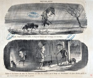 Werk von Honore Daumier (1808-1879) Charivari aus dem Jahr 1853: Serie Sketches de Chasse „Abfahrt um fünf Uhr morgens, - der Jäger stellt fest, dass das Wetter unsicher ist“ „Rückkehr um sechs Uhr abends, - der Jäger ist sich sicher, er hat erkannt, dass“ von Honoré Daumier