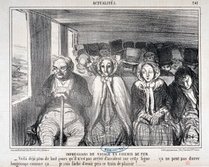 Werk von Honore Daumier (1808-1879) Charivari aus dem Jahr 1855: Serie Actualites de voyage en railroad - „Hier ist mehr als acht Tage, dass es keinen Unfall auf dieser Strecke gegeben hat... es kann nicht lange so bleiben... Es tut mir leid, diesen Zug ge
