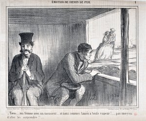Werk von Honore Daumier (1808-1879) Charivari stammt aus dem Jahr 1858: Serie EMOTIONS EN Chemin de fer - Tiens... meine Frau mit einem Herrn... und wir sind mit voller Geschwindigkeit unterwegs!... keine Möglichkeit, sie zu überraschen!! MUSEUM DER SCHÖNE von Honoré Daumier