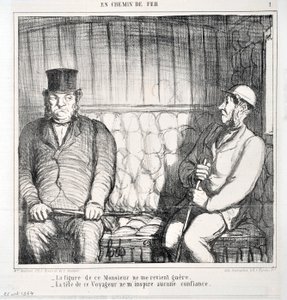 Werk von Honore Daumier (1808-1879). Charivari stammt aus dem Jahr 1864: Serie LES CHAINS DE RAILWAY - Die Figur dieses Herrn kommt mir nicht bekannt vor. - Der Kopf dieses Reisenden erweckt in mir kein Vertrauen. MUSEE DES BEAUX ARTS - PALAIS LONGCHAMP, M