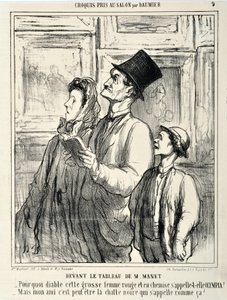 Charivari von 1865: Serie CRUQUIS PAUIT AU SALON. Vor einem Gemälde von Manet - Warum zum Teufel hat sich diese dicke Frau in Rot und im Hemd Olympia genannt? - Aber mein Freund, vielleicht heißt die schwarze Katze so? MUSEE DES BEAUX ARTS - PALAIS LONGCHA von Honoré Daumier