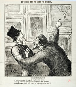 Charivari von 1865: Serie Sketches Taken at the Salon. Ein skurriler Maler. Hier, sehen Sie, wie ich die Apotheose eines Märtyrers verstehe... Aber ich sehe nur die beiden Füße Ihrer Person. - Der Kopf ist bereits im Himmel. MUSEE DES BEAUX ARTS - PALAIS L