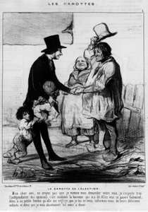 Wahlkandidat besucht eine Bauernfamilie: „Die Karotte der Wahl“ - Karikatur von Daumier, in „Charivari“ vom 21.03.1844 von Honoré Daumier