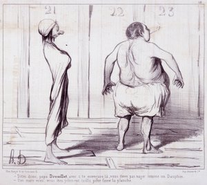 Karikatur über Erscheinungen. Serie „Die Badenden“: „Sag Papa Drouillet...“