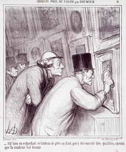 Karikatur über Kunstliebhaber. Serie „Skizze im Salon von Daumier“: „Nun, beim Betrachten dieses Gemäldes entdecken wir schließlich Qualität, wir sehen, dass die Farbe gut ist“. Gravur von Honore Daumier. Auszug aus der Zeitung „Le Charivari“