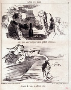 Karikatur über gastronomischen Missbrauch. Serie „Paris qui boire“: „Ansicht auf den Champs Elysees während der Hitzewelle. Gerade einen schrecklichen Schlag getrunken.“ Gravur von Honore Daumier (1808-1879). Auszug aus der Zeitung „Le Charivari“ vom 5. Ju