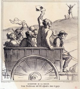 Karikatur über Jäger. Serie Herbstskizze: Eröffnung der Jagd, zwei Rebhühner wurden auf dem Land gesichtet, aus der Zeitung Le Charivari