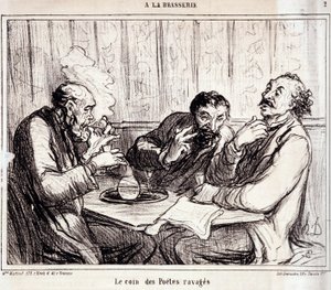 Karikatur über Dichter. Serie „In der Brauerei“: „Die Ecke der verwüsteten Dichter“. Gravur von Honoré Daumier (1808-1879). Auszug aus der Zeitung „Le Charivari“ vom 7. Januar. von Honoré Daumier
