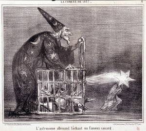 Karikatur über Wissenschaft. Serie Sur „der Komet von 1857“: „Der deutsche Astronom verlässt eine berühmte Ente“. Gravur von Honore Daumier (1808-1879). Auszug aus der Zeitung „Le Charivari“ 2. März von Honoré Daumier