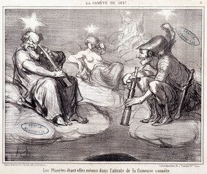 Karikatur über Wissenschaft. Serie „Die Komet von 1857“: „Die Planeten warten selbst auf den berühmten Kometen“. Gravur von Honore Daumier, 25. März
