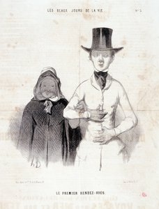 Karikatur über das Paar: Serie „Die schönen Tage des Lebens“: „Das erste Date“. Gravur von Honoré Daumier (1808-1879). Auszug aus der Zeitung „Le Charivari“, 2.-3. Januar.