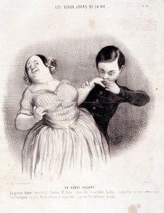 Karikatur über das Paar. Serie „Die schönen Tage des Lebens“: „Ein galanter Anfang...“. Gravur von Honoré Daumier (1808-1879). Auszug aus der Zeitung „Le Charivari“ vom 10. Juli. von Honoré Daumier