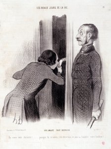 Karikatur über das Paar. Serie „Die schönen Tage des Lebens“: „Ein zu glücklicher Liebhaber...“. Gravur von Honoré Daumier (1808-1879). Auszug aus der Zeitung „Le Charivari“ vom 1. September.