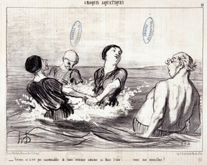 Karikatur über Touristen im Urlaub am Meer. Serie „Les Bains de Mer“: „Aquatische Skizze. Sehen Sie, es ist nicht vernünftig, sich so im Wasser zu bewegen... Sie machen mich nass!“ Gravur von Honore Daumier (1808-1879). Auszug aus der Zeitung „Le Charivari