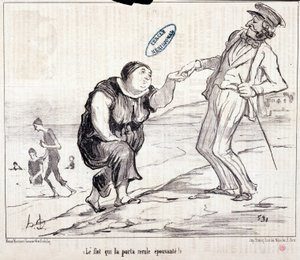 Karikatur über Touristen im Urlaub. Serie Ax Bains de Mer: Die Flut, die es zurückbrachte, erschreckend! Gravur von Honore Daumier. Auszug aus der Zeitung Le Charivari
