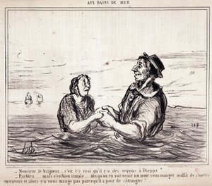 Karikatur über Touristen im Urlaub. Serie „aux Bains de Mer“: „Monsieur le bathneur... ist es wahr, dass es Haie in Dieppe gibt?...“ Gravur von Honore Daumier (1808-1879). Auszug aus der Zeitung „Le Charivari“ am 8. Juni