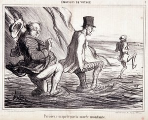 Karikatur über Touristen im Urlaub. Serie „Les Bains de Mer“: „Reiseemotionen. Pariser von der steigenden Flut überrascht“. Gravur von Honoré Daumier (1808-1879). Auszug aus der Zeitung „Le Charivari“ vom 8. Oktober. von Honoré Daumier