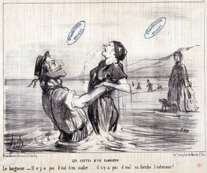 Karikatur über Touristen im Urlaub. Serie „Les Bains de Mer“: „Aquatische Skizze. Die Sequenzen eines Tauchgangs“. Gravur von Honoré Daumier (1808-1879). Auszug aus der Zeitung „Le Charivari“ von 1853.