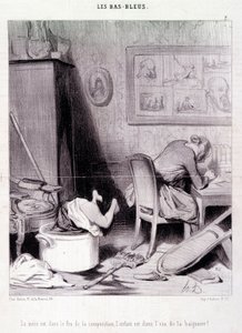 Karikatur über Schriftstellerinnen. Serie „Bas Bleus“: „Die Mutter ist im Feuer der Komposition, das Kind im Wasser des Bades!“