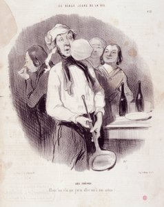 Karikatur eines ungeschickten Mannes. Serie „Die schönen Tage des Lebens“: „Die Crêpes...“
