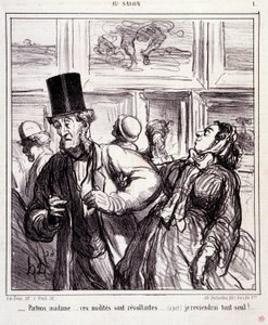 Karikatur über Kunstliebhaber. Serie „Im Salon“: „Lass uns gehen, Madam... diese Nacktheiten sind empörend... ich werde allein zurückkehren“ von Honoré Daumier