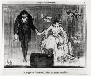 Dramatische Skizzen: eine Sängererinnerung, Szene der hohen Komödie. Illustration von Honore Daumier (1808-1879), veröffentlicht in „Charivari“, datiert 9. Januar